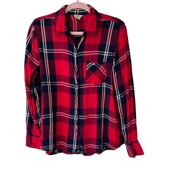 Woolrich Womens Button Up Shirt Red Blue Tartan Plaid Size L Preppy Western - Picture 1 of 7